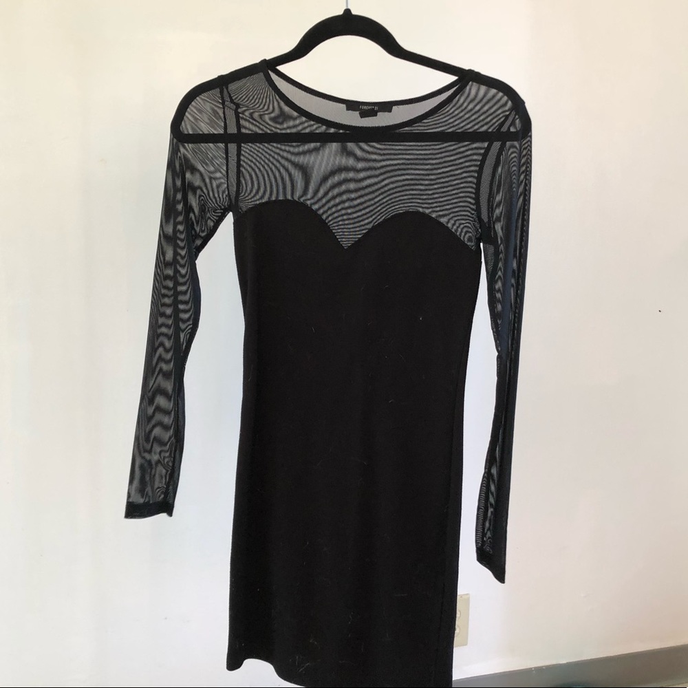 Black long sleeve mini dress with lace detailing